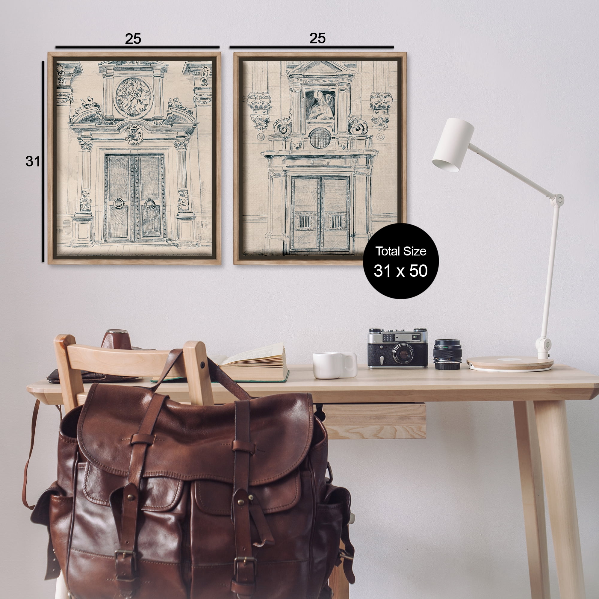 Stupell Industries Pencil Sketch Ornate Door Buildings & Architecture Drawing Brown Floater Framed Canvas Art Print Wall Art, 31 x 25, Set of 2