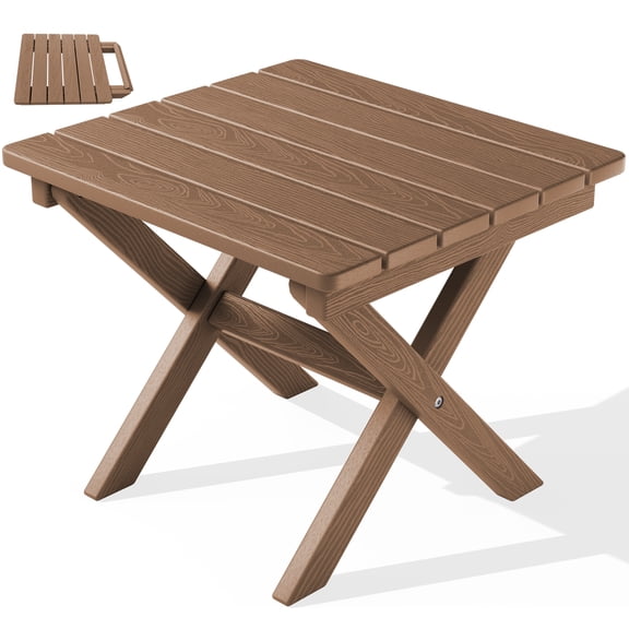 SERWALL Small Folding Side Table, HDPE Outdoor End Table, Brown