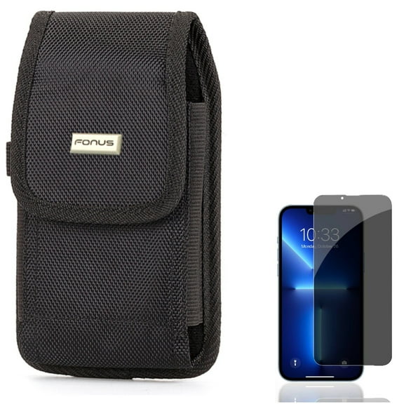 Privacy Screen Protector & Case Belt Clip for iPhone 13 Pro ONLY - Tempered Glass Curved Anti-Spy Anti-Peep 3D Edge   Rugged Holster Canvas Cover Pouch Combo
