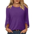 thumbnail image 2 of Qwertyu Womens Top 3/4 Sleeve T-shirts for Women Casual Crew Neck Three Quarter Length Sleeve Solid Fashion Loose Pullover Purple S, 2 of 7