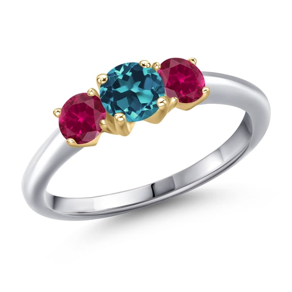 Gem Stone King 925 Silver and 10K Yellow Gold London Blue Topaz and Red Created Ruby Engagement Ring for Women | 1.20 Cttw | Round 5MM | Gemstone November Birthstone | Size 6
