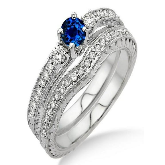 1.5 Carat Sapphire and Diamond Antique Bridal set on 10k White Gold