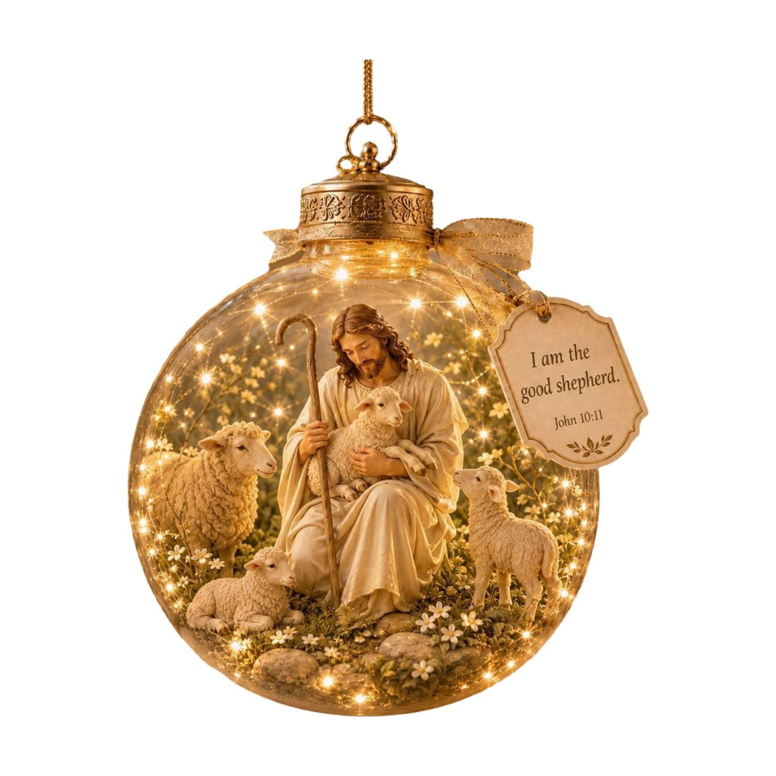 Illuminated Glass Ornament With Good Shepherd Scene And Inspirational Verse For Christmas And Home Altar(Gold-8cm)
