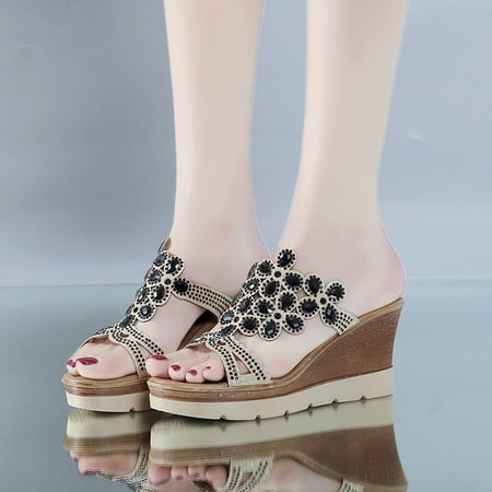 

HIBRO Women Summer Peep Toe Breathable Beach Sandals Rhinestone Slip-On Wedges Shoes