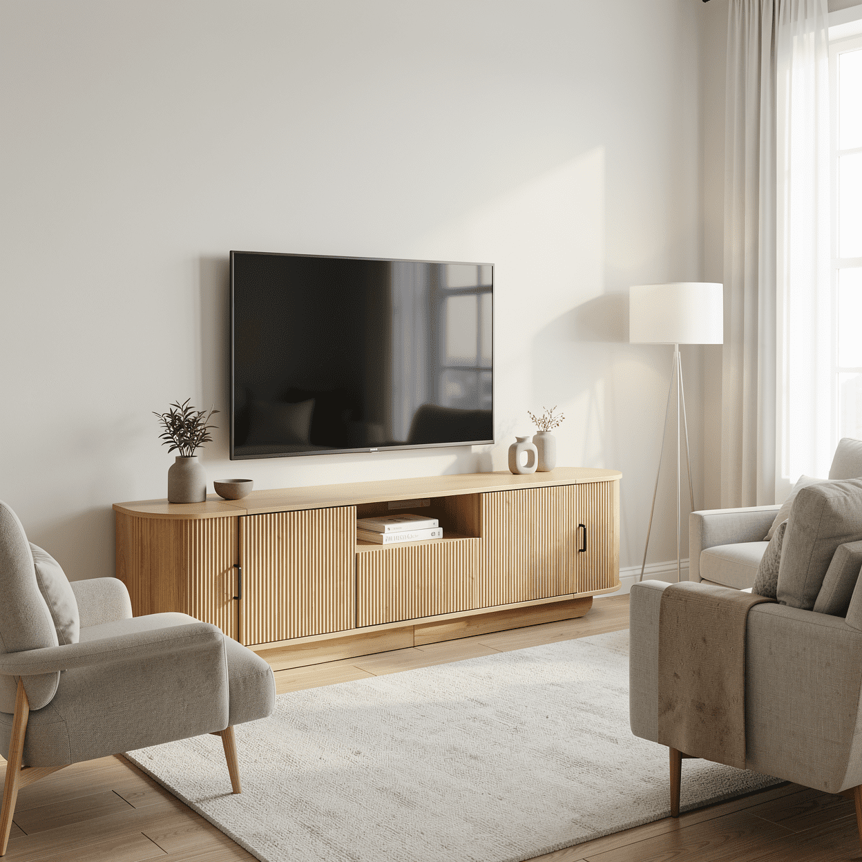 Homy Casa 70.9" TV Stand, Fluted Media Console with Sliding Doors, Natural Wood