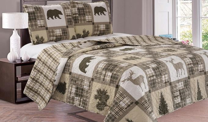 FOREST PINES 3pc King QUILT SET LODGE PINECONE CABIN BROWN TREES FOREST