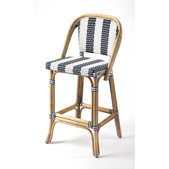 Blue and White Striped Rattan Bar Stool