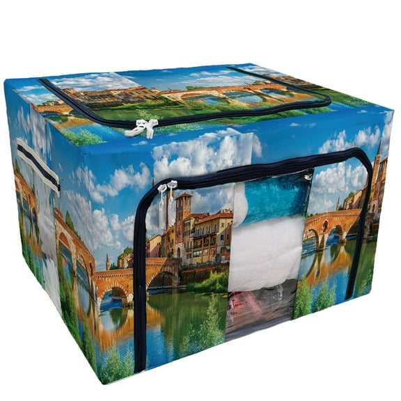 ECZJNT Bridge Ponte Pietra Verona Adige river Storage Bag Clear Window Storage Bins Boxes Large Capacity Foldable Stackable Organizer With Steel Metal Frame For Bedding,Clothes,Closets, Bedrooms