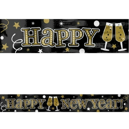 - Black Silver Gold Happy New Year Foil Party Banner 9 ft Wall Decoration