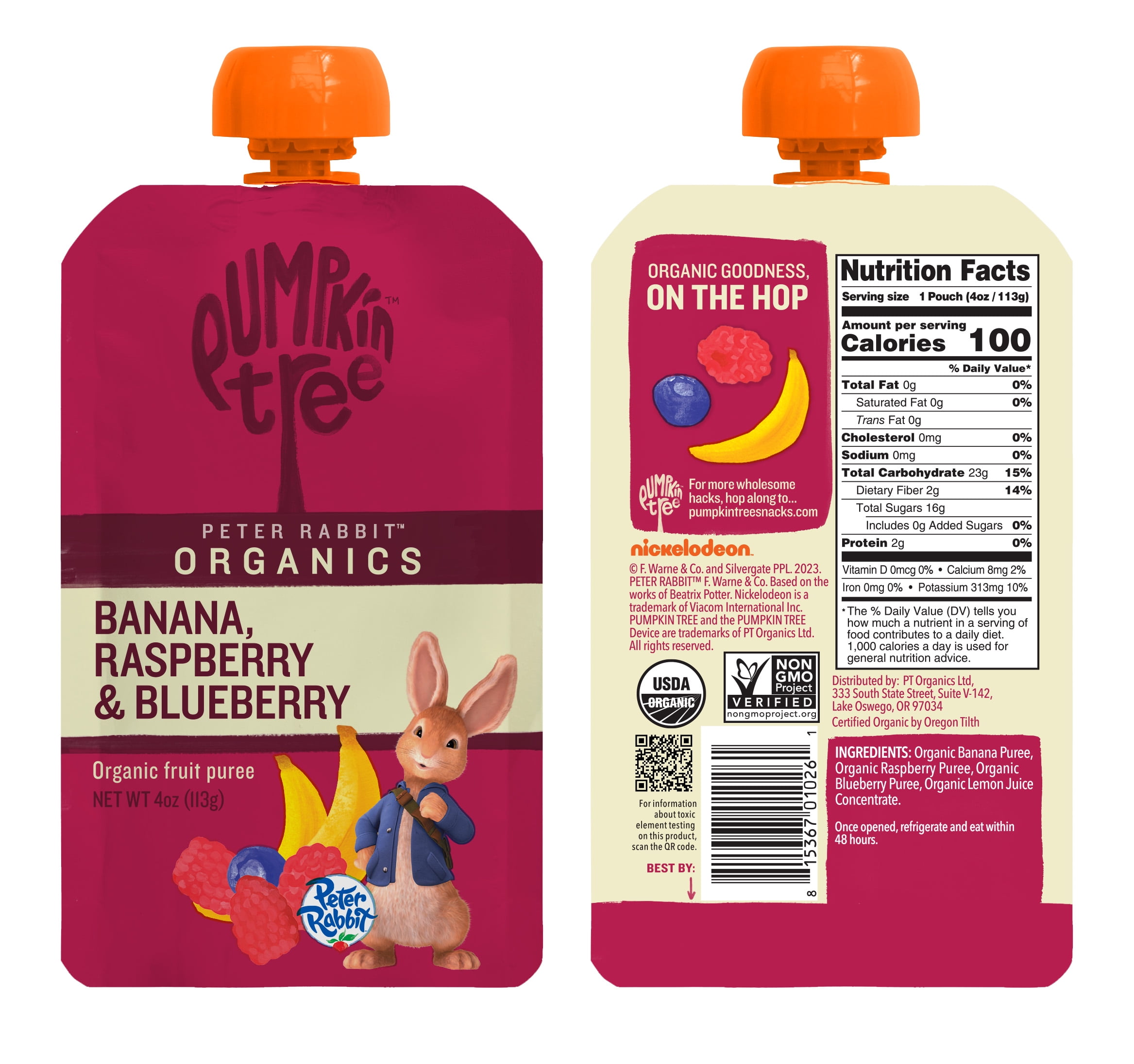 (12 pack) Peter Rabbit Banana, Raspberry & Blueberry Organic Fruit Puree, 4 oz Toddler Snack