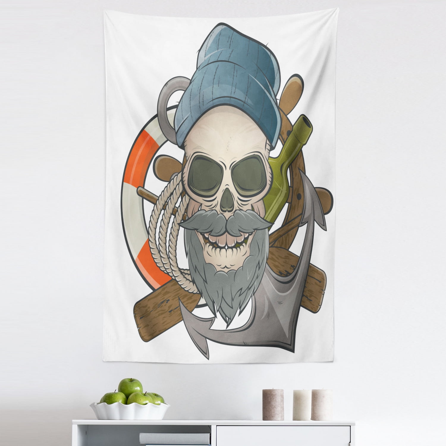 Anchor Tapestry, Illustration of Sailor Old Skull with Beard Mascot Nautical Theme Skeleton Life ...