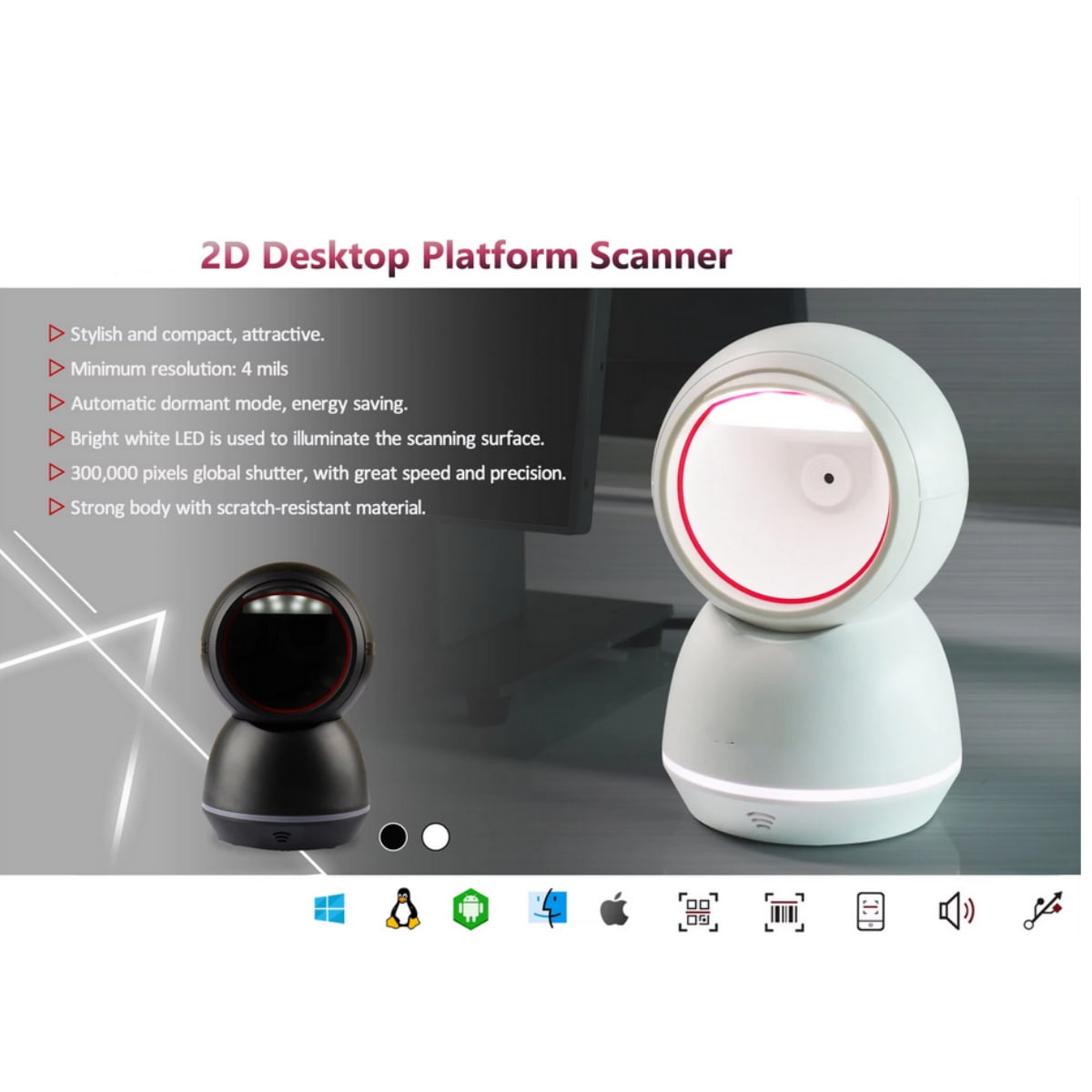 XIANJINO High Speed Square Desktop Barcode Scanner 1D 2D QR Code Bardcode Reader Accurate Code Scanning USB Interface Automatic Barcode Scanner for Supermarket Warehouse