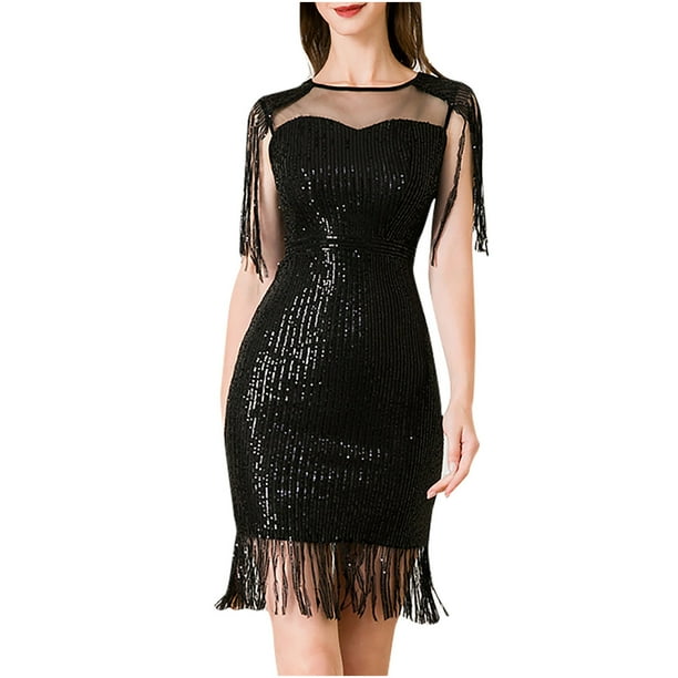 XFLWAM Women's 1920s Flapper Dress Crew Neck Sequin Fringed Roaring