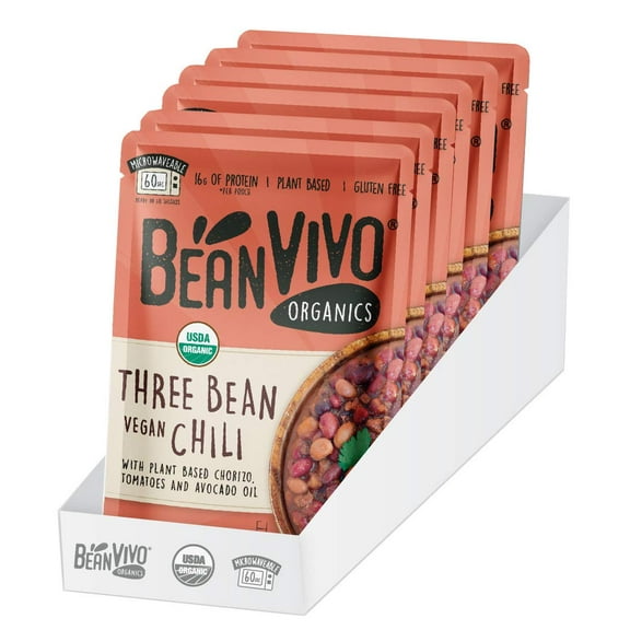 (6 Pack) Bean Vivo Organics Three Bean Vegan Chili, 10 oz Pouch