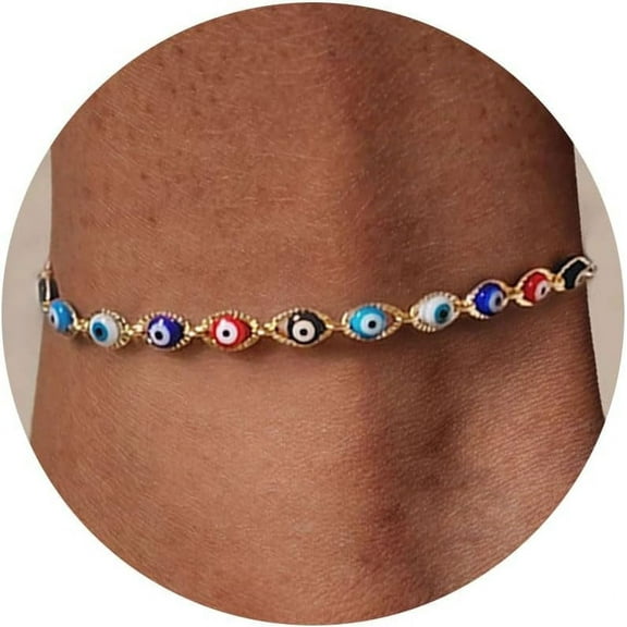 Ankle Bracelets for Women - 14K Gold Plated Dainty Anklets for Women Waterproof Gold Evil Eye Anklet Layered Cuban Link Anklets Flat Mariner Anklet for Women Gold Jewelry