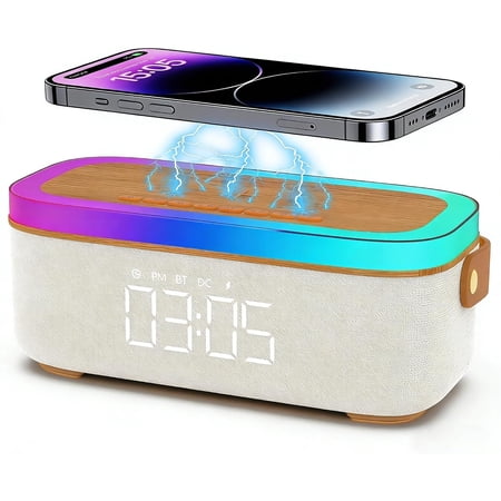 4-in-1 Bluetooth Alarm Clock for Bedroom Heavy Sleepers, 15W Wireless Charging Stat with Sync Phone, Portable Bluetooth Speaker, Ambient Night Light, Trendy Room Decor Gift
