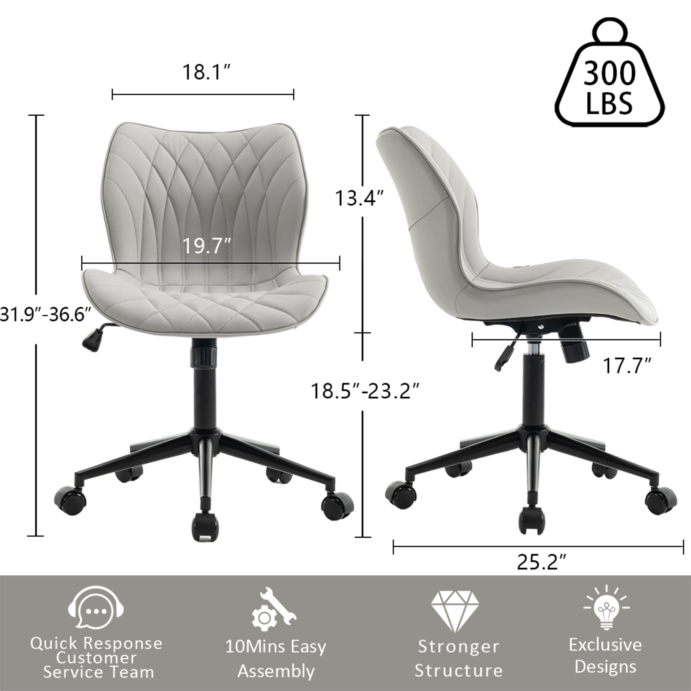 Kidol & Shellder PU Leather Desk Chair, Adjustable Swivel Office Chair, Upholstered Modern Task Chair with Wheels, Ergonomic Swivel Chair, High Back Chair, Gray