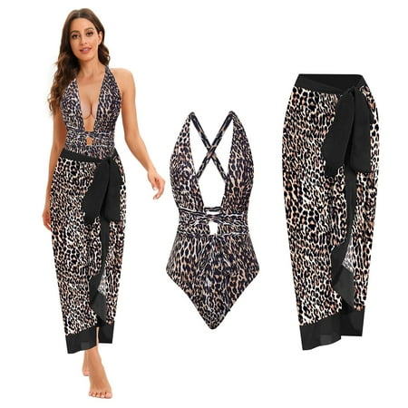 Brilliant Women s Swimsuit Leopard Print One-piece Swimsuit Bikini Lace Up Swimsuit Long Skirt Chiffon Two-piece Set Summer 2024(Brown M)