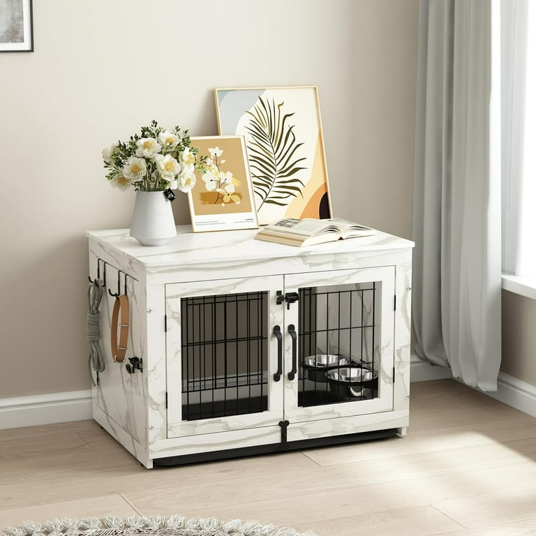 Folding Dog Crate End Table - Multi-Functional Furniture For Small & Medium Dogs With Rotatable Bowls