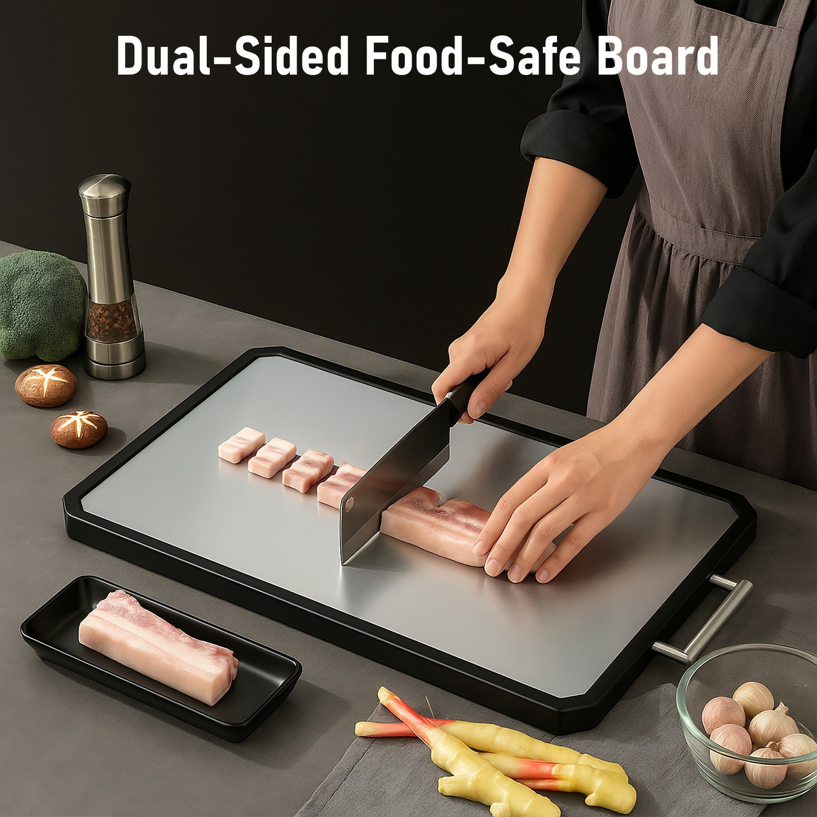 TOPCHANCES Titanium Cutting Board for Kitchen, Double Sided Chopping Board, Titanium Cutting Mat with Juice Groove, Metel Handle & Anti-slip Silicone Edges, 11*16in