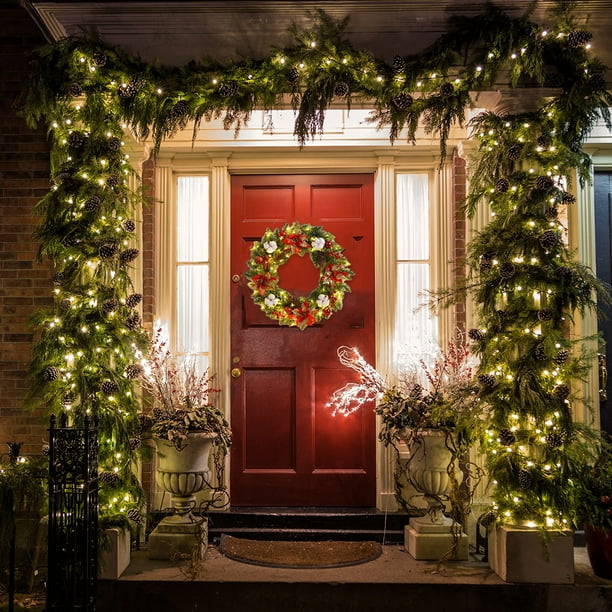 Las guirnaldas colgantes navideñas iluminan los adornos de coronas para la ventana de la puerta delantera de la pared FLhrweasw Nuevo