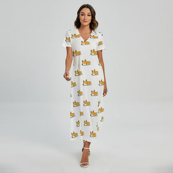 Sleeping Corgi Pattern Printed Short Sleeve Maxi Dress, Dog Pet Lover Fashion Summer Maxi Dress For Women