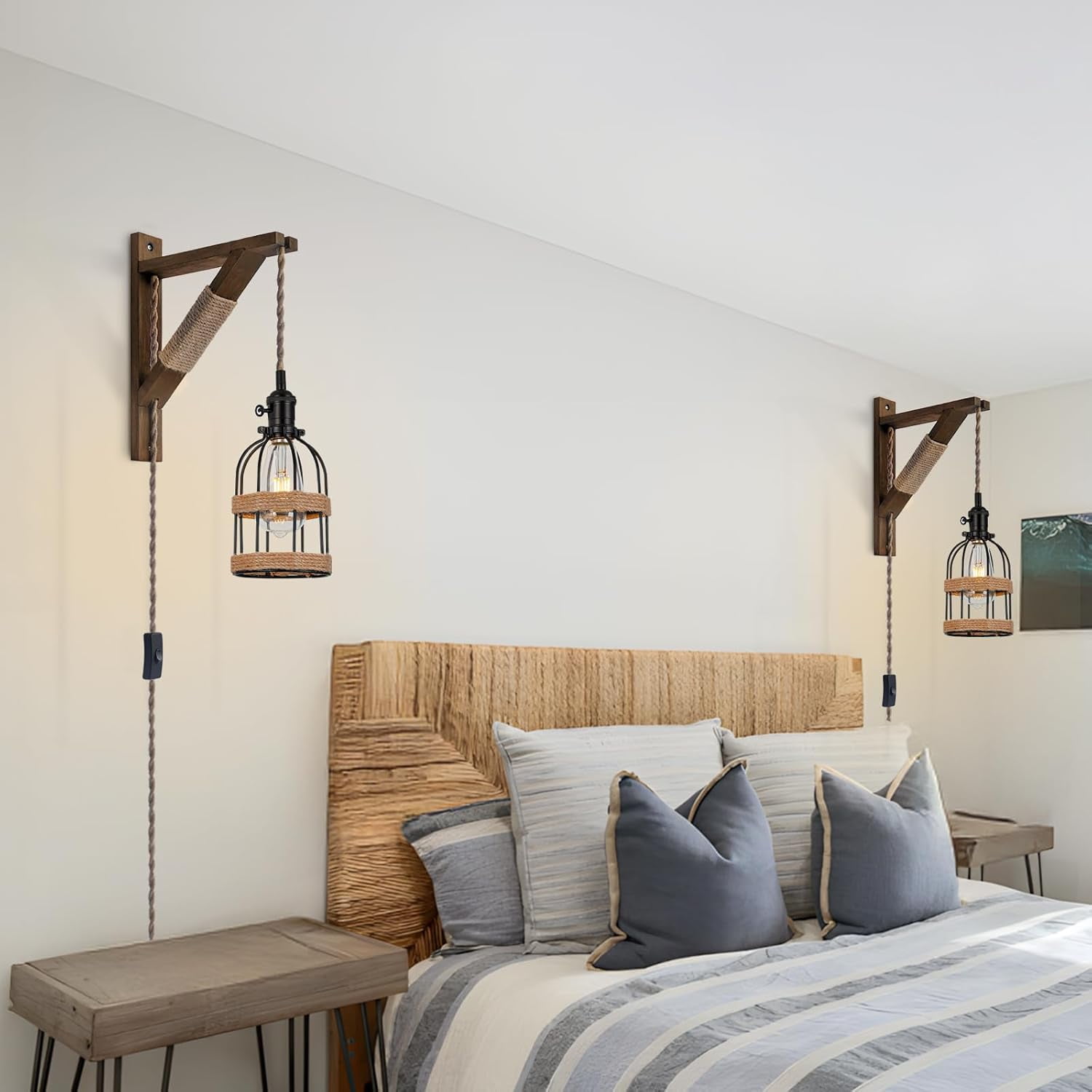 KEESFU Farmhouse Plug-in Wall Sconce Set of 2, Adjustable Rope Cage Light with Wood Bracket, Black Metal Hanging Fixture for Bedroom Living Room Hallway