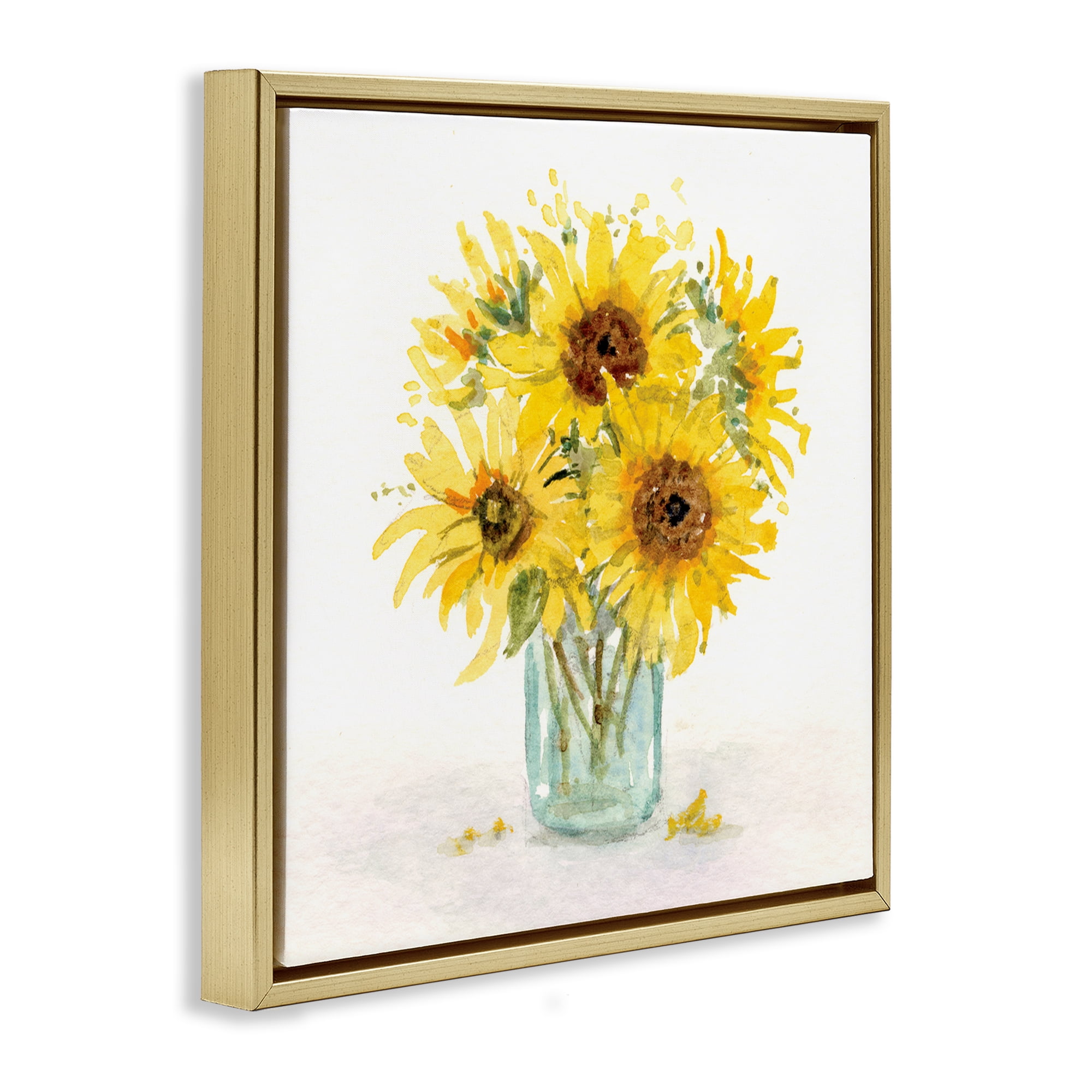 Stupell Industries Soft Sunflower Jar Plants & Flowers Painting Gold Floater Framed Canvas Art Print Wall Art, 18 x 18