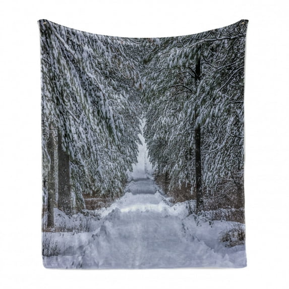 Idaho Soft Flannel Fleece Throw Blanket, Illustration of a Winter Photo of Frosty Season Snowfall Lane with Tunnel of Trees, Cozy Plush for Indoor and Outdoor Use, 70" x 90", Multicolor, by Ambesonne