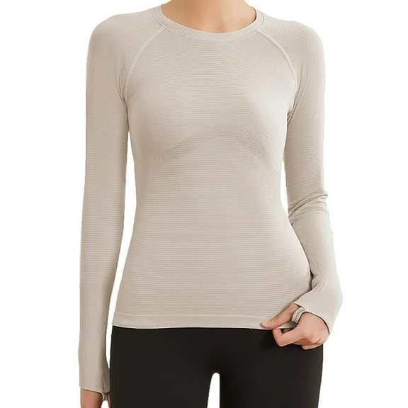 Arnsht Slim Fit Workout Shirts for Women Long Sleeve Yoga Tops Sports Running Shirt Breathable Athletic Base Layer Top Beige M