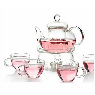 Personal Clear Heat Resistant Borosilicate Glass Teapot Tea Set & Infuser 400ml and 4 Handle Tea Cups