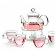 Personal Clear Heat Resistant Borosilicate Glass Teapot Tea Set & Infuser 400ml and 4 Handle Tea Cups