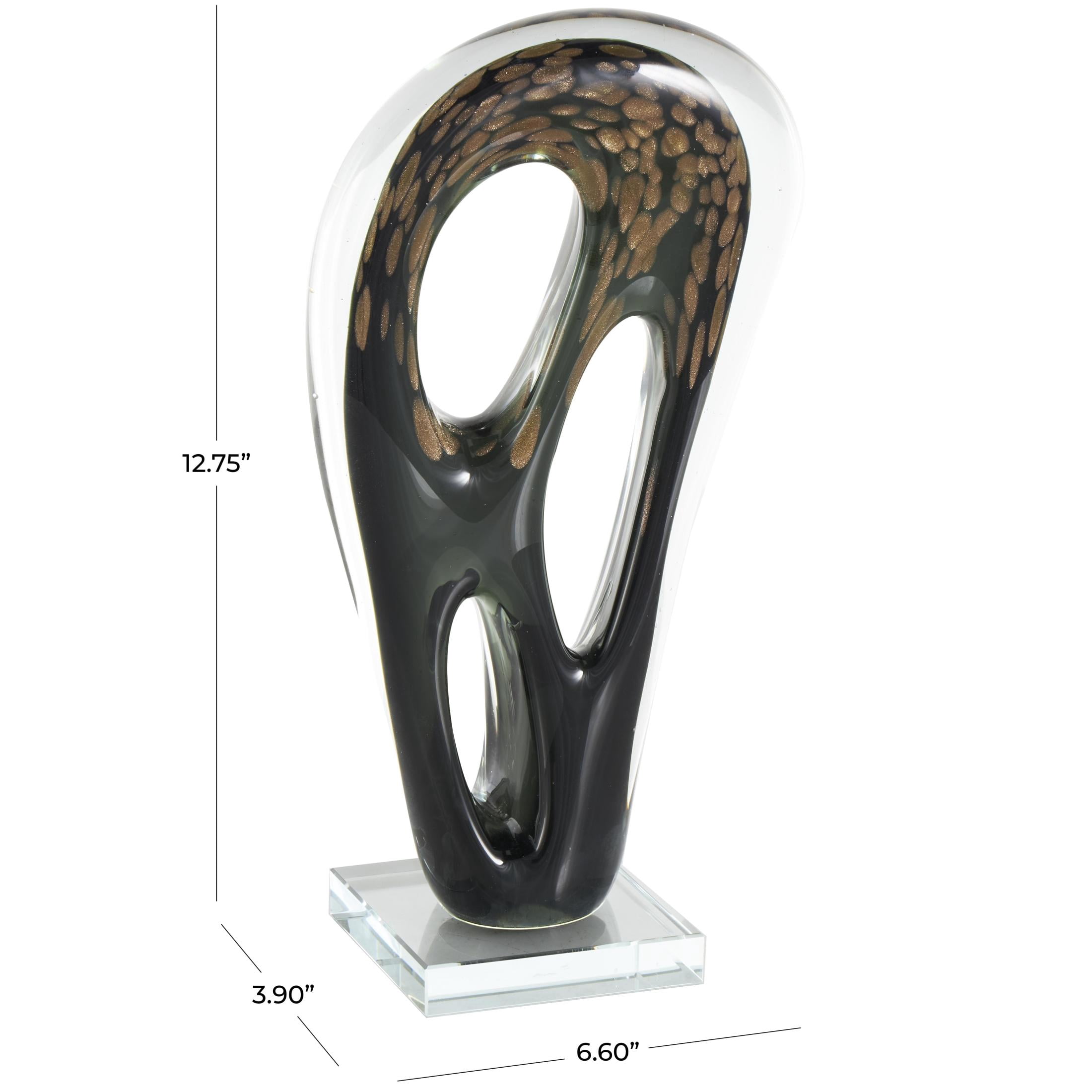 7" x 13" Black Glass Curved Cutout Abstract Sculpture with Gold Spotted Accents, by DecMode