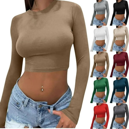 Jinhomg Long Sleeve Shirts for Women Fall Fashion V Neck Basics Crop Tops Slim Fitted Y2K Tops Outfits Clothes Beige,S