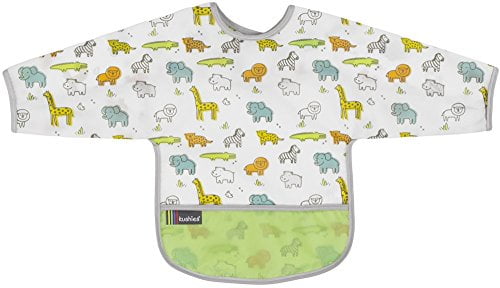 Kushies Cleanbib Waterproof Feeding Bib with Catch All/Crumb Catcher pocket 12 Months and Up Baby Boys and Girls Lightweight for comfort Neutral White Elephants Wipe clean and reuse Unisex 