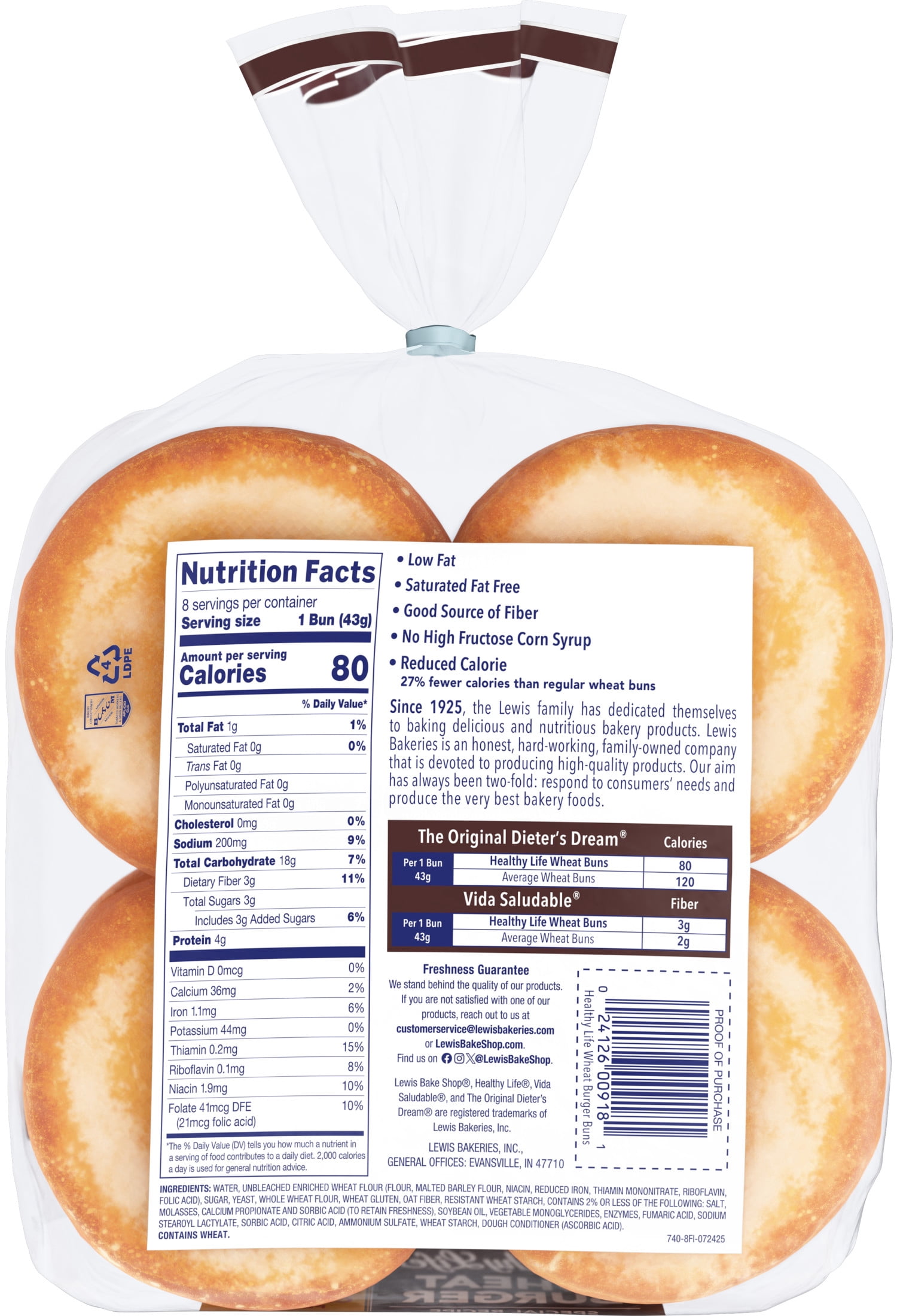 Lewis Bake Shop Healthy Life Wheat Sandwich Buns, 8 Count, 12 oz
