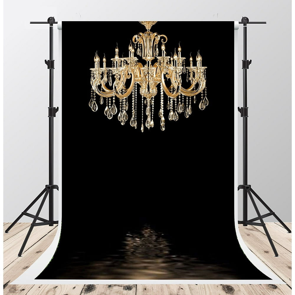 HelloDecor Polyester Fabric 5x7ft Black Bedroom Backdrops for Photography Gold Chandelier Photo