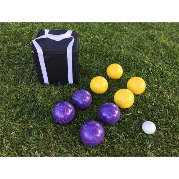 New Listing - Unique Bocce Sets - 107mm with Purple and Yellow Balls, Black Bag