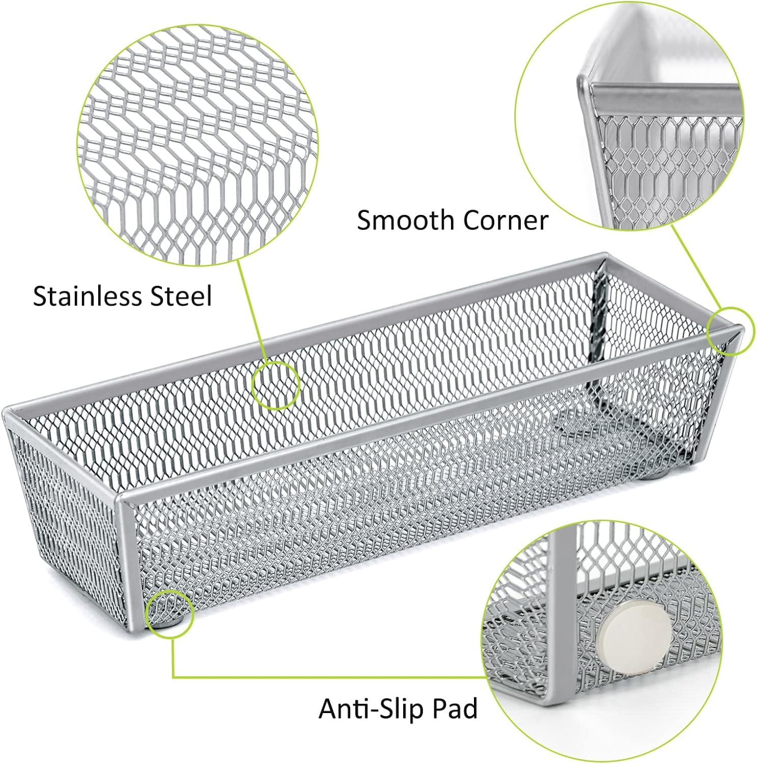 Silverware Organizer,Mesh Drawer Organizer for Kitchen，Metal Utensil Flatware, Knives, Spoons,Cosmetic (Silver 9 * 3 2 inch Pack6)
