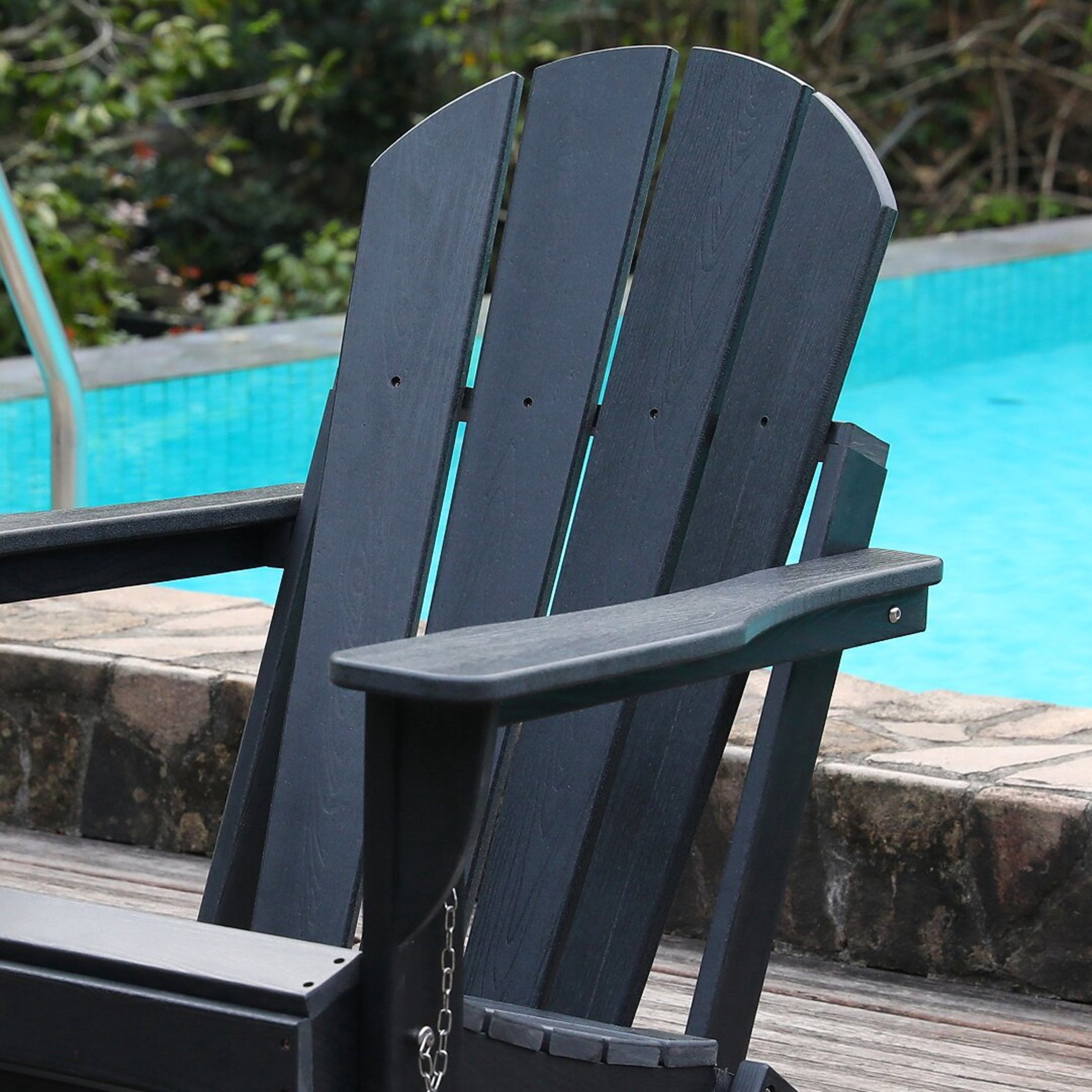 Noble House Folding Outdoor Adirondack Chair with Dual Cup Holders, All-Weather Patio Chair for Backyard, Black