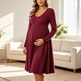 thumbnail image 5 of UKHCCC Women's Maternity Midi Dress, V-Neck Long Sleeve Ribbed Knit A-Line Dress with High Waist, Stretchy Loose Pregnancy Dress for Work, 5 of 8
