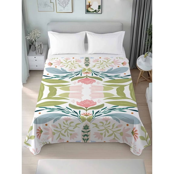 Boho Green Flower Full Size Flat Sheet, Wrinkleproof & Fadeproof Cooling Flat Bed Sheet Only, Botanical Watercolor Leaf Floral Breathable Soft Bedding Top Sheets 81 x 96 Inches