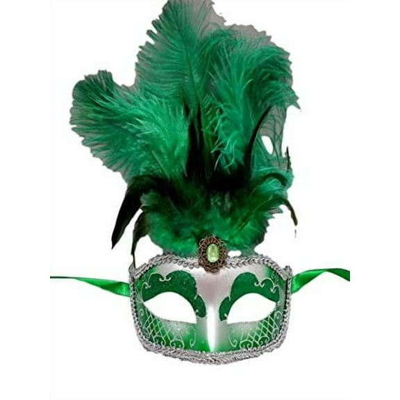 Green Silver Feather Venetian Mask Masquerade Mardi Gras Jewel Gem 12"