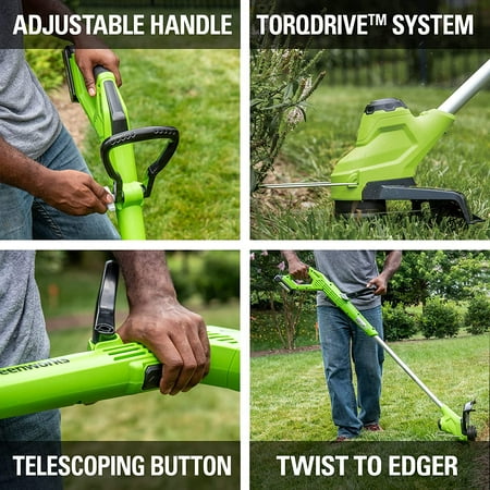 Greenworks - TORQDRIVE 24-Volt 12-Inch Cutting Diameter Straight Shaft Grass Trimmer and Edger (1 x 2.0Ah Battery and 1 x Charger) - Black/Green