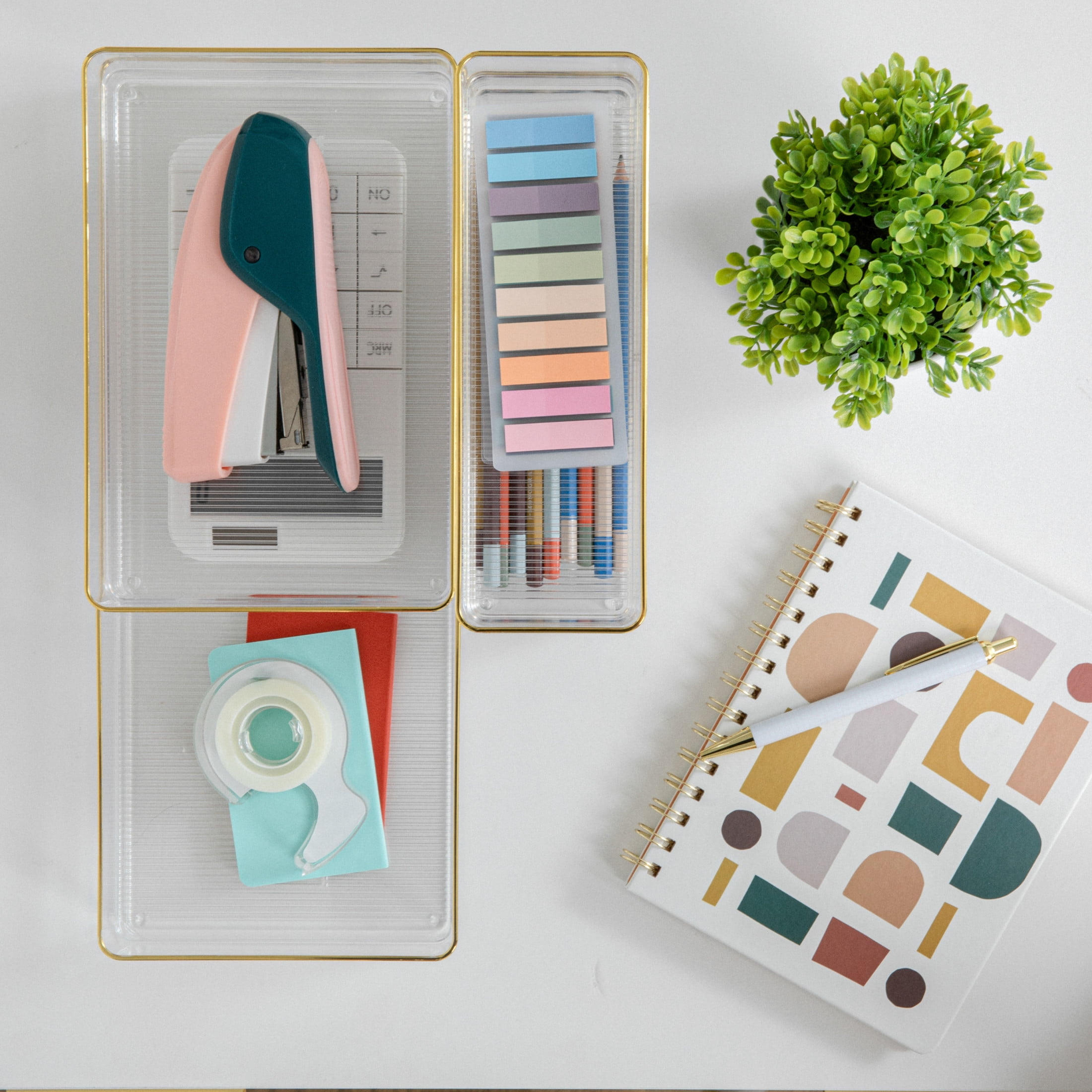 Martha Stewart Kerry Plastic Stackable Office Desk Drawer Organizers with Gold Trim, Various Sizes, Set of 5