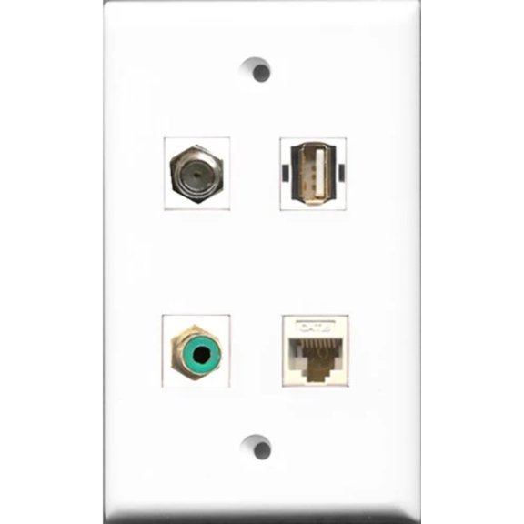 RiteAV 1 Port RCA Green and 1 Port Coax Cable TV- F-Type and 1 Port USB A-A and 1 Port Cat6 Ethernet White Wall Plate