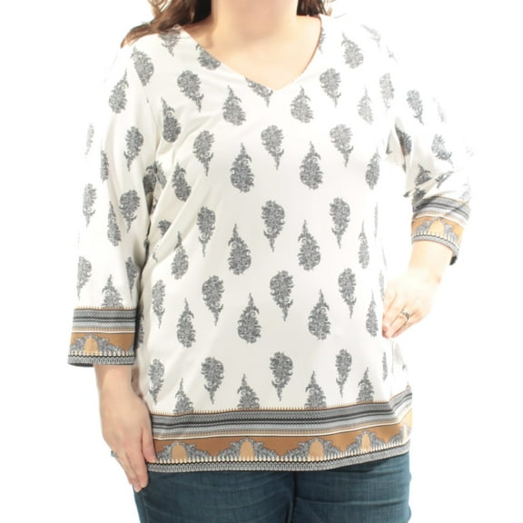 CHARTER CLUB $60 Womens New 1036 Ivory Paisley V Neck Top 0 Plus B B