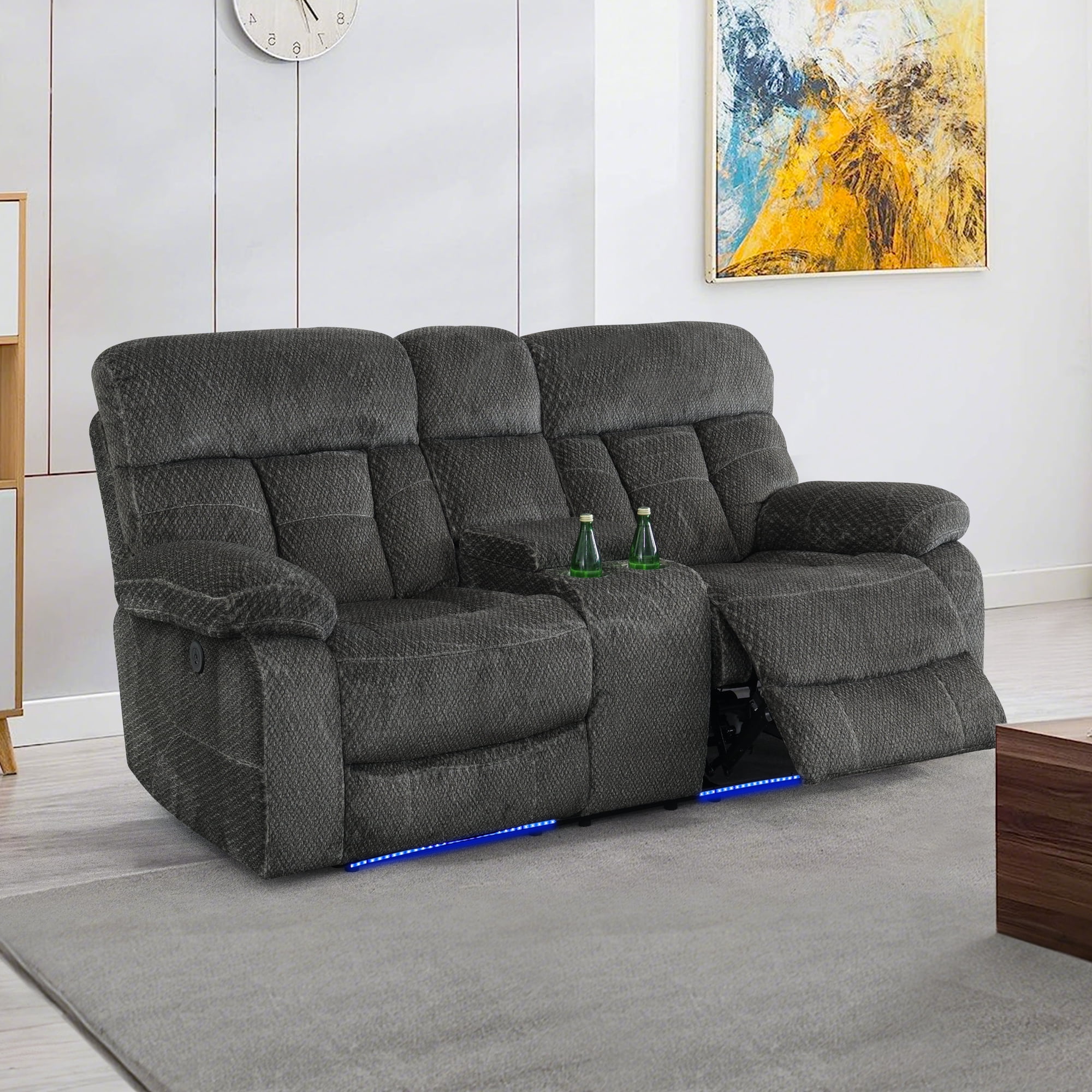 Gewnee Power Recliner Loveseat, LED Ambient Lights, Built in USB & Type‑C Ports, Hidden Storage, Home Theater Seating with Cup Holders, Flocking‑Grey