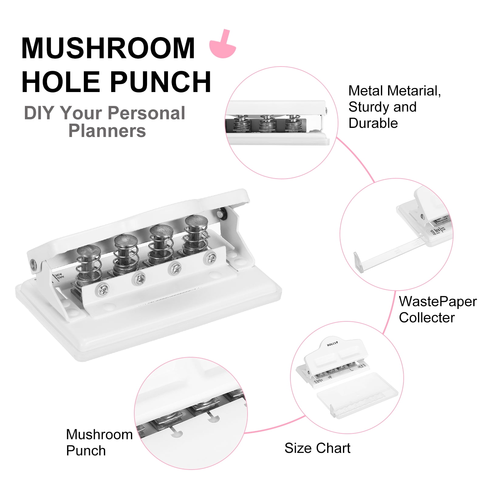 Mushroom Discbound Hole Punch, 4 Holes Discbound Hole Puncher for Disc Bound Planner, Punch Up to 5 Papers(White)
