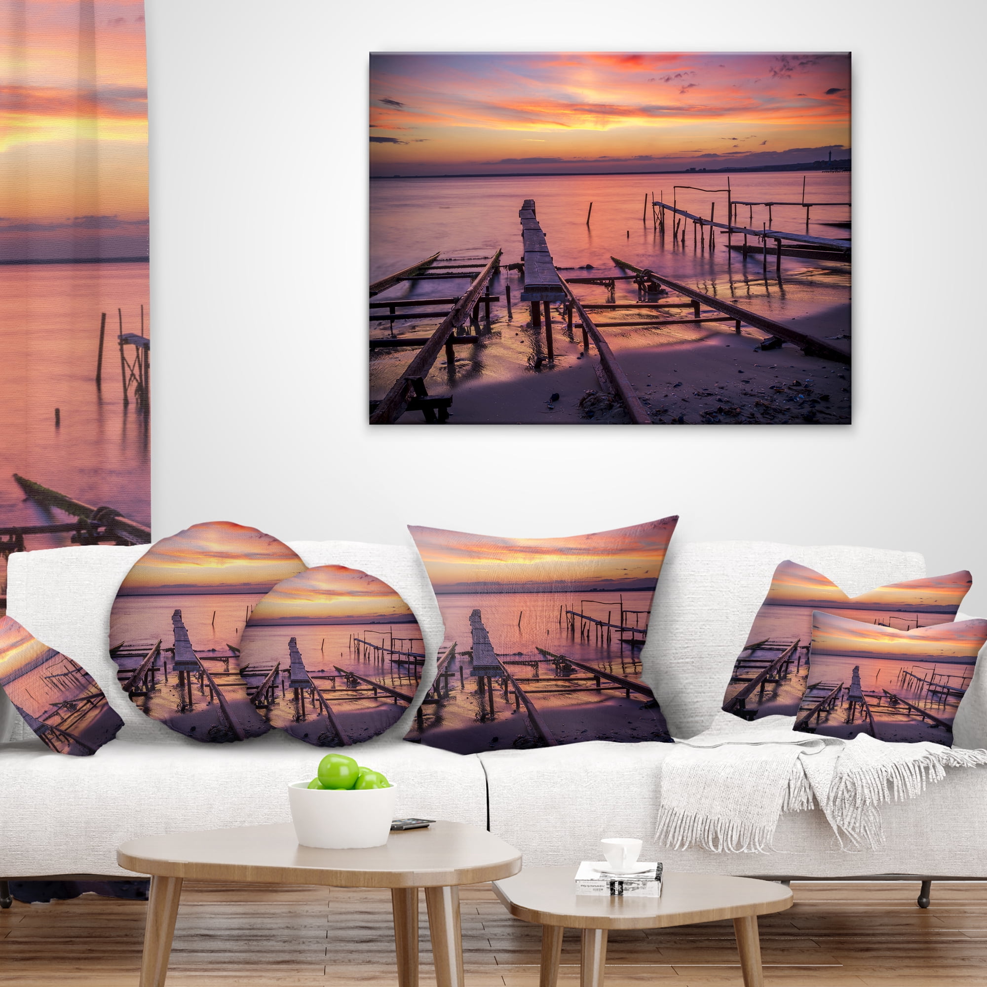 Designart Fishing Pier in Sea at Sunset - Seashore Throw Pillow - 12x20